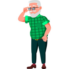 Pixel Art Senior Man with White Beard Wearing Glasses and Green Plaid Shirt Standing with Hands in Pockets Against White Background