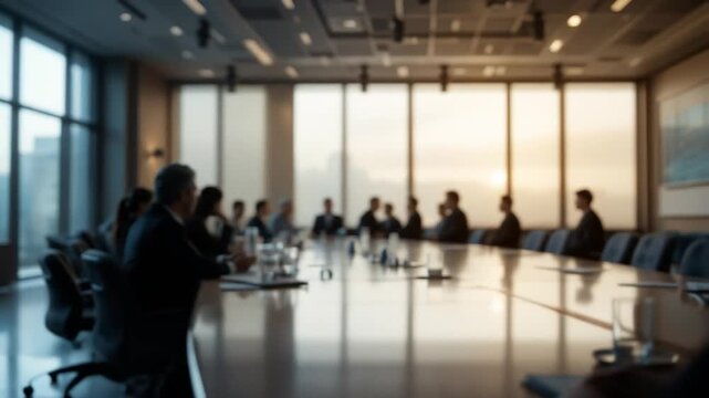Modern conference room with long tables and chairs, silhouettes of people in a meeting. 4k video