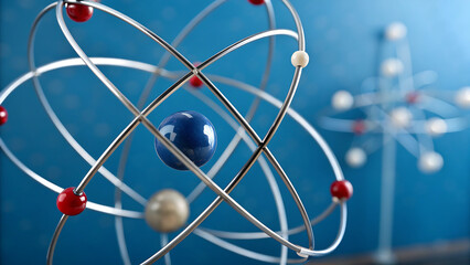 abstract blue background with molecule, Detailed model of atom showing electrons neutrons and protons. Atom model with electrons orbiting nucleus. Science model of atomic structure with particles.