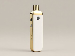 Gold and White Vape Device with Side Buttons and a Black Mouthpiece, Standing Against a Soft Beige Studio Background