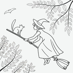 A witch sits on a broom and flies in the sky