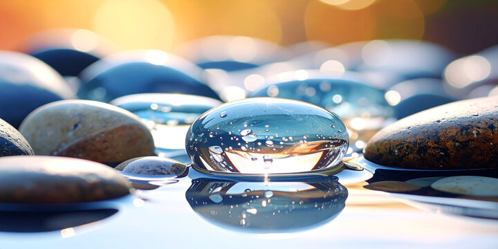 Serene macro view of a crystal clear water droplet resting on smooth wet pebbles with a warm golden light reflection - Powered by Adobe