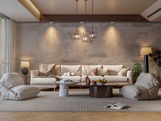 Cozy & Warm Living Room: Comfortable Modern Interior with Textured Wall