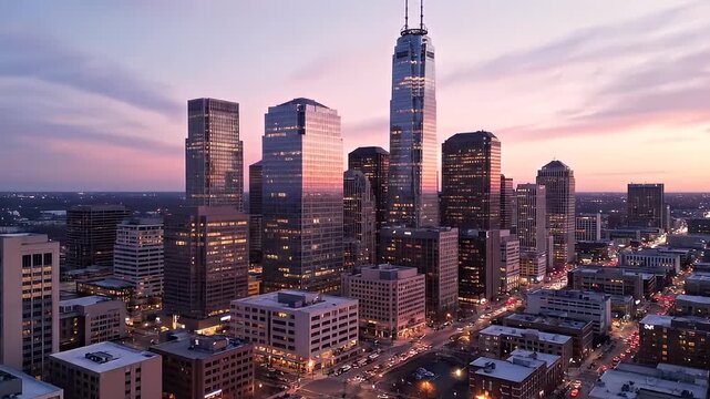 Stunning Aerial Timelapse of the Indianapolis Skyline Glowing with City Lights and Traffic at Sunset