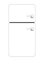 Retro refrigerator with two compartments 2D line object. Fridge, freezer. Vintage appliance. Kitchen interior. Food storage isolated clipart vector ink outline item. Monochrome spot illustration