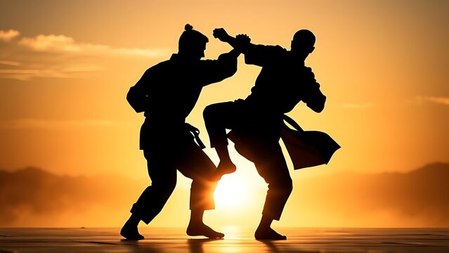 taichi. Silhouettes of martial artists in dynamic poses against a warm sunset backdrop. inspiring travel planning, event key visuals, designed for sports event promotions and stadium branding.
