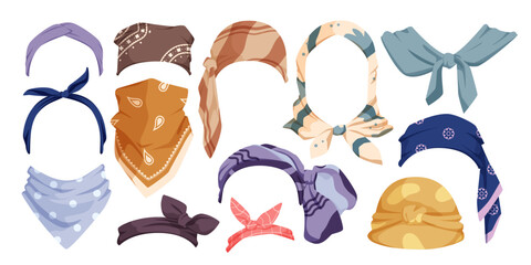 Various stylish headbands and scarves in different colors, patterns, and knot styles for fashion, hair accessories, and cultural wear isolated vector illustration