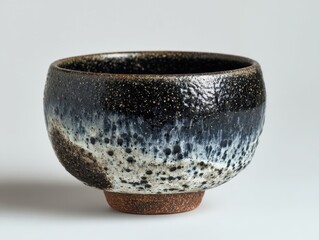 Dark Blue and Brown Ombre Glaze Ceramic Tea Bowl Japanese Style Artistic Pottery Design Textured Studio Shot White Background