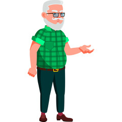 Pixelated Elderly Man With White Beard and Glasses Wearing Green Plaid Shirt and Dark Pants Standing and Gesturing to the Side with an Open Hand and a White Background
