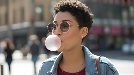 Stylish young woman with sunglasses blowing a bubblegum bubble, expressing joy and playful energy in a vibrant urban setting