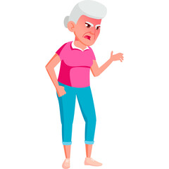 Pixelated Elderly Woman Expressing Anger With Red Face and Clenched Fist Wearing Pink Shirt and Blue Pants Against White Background