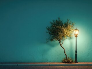 Solitary Street Lamp Night Tree Teal Wall Sidewalk Urban Scene Glowing Light Minimalist Architectural Element Evening Ambiance
