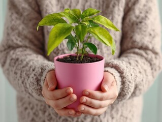 Person's Hands Gently Holding Vibrant Green Houseplant in Bright Pink Ceramic Pot Against Soft Blurred Neutral Sweater Background