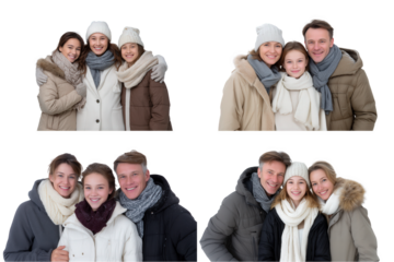 Joyful multi-generational families and couples bundled in warm winter coats, scarves, and hats, posing happily for a collection of cozy group portraits on a white background