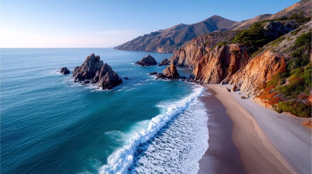 An aerial view captures the rugged beauty of coastal cliffs meeting the vibrant turquoise waters of the ocean, with waves crashing onto a sandy beach.