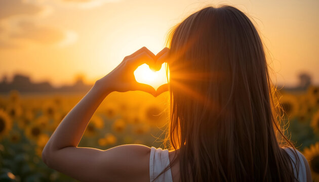 Woman making a hand heart to frame the bright, warm sunset over a vast golden sunflower field, symbolizing love and warmth for travel, wellness, and summer banners. - Powered by Adobe