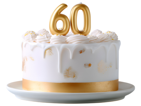 Minimal white birthday cake with number 60 topper isolated on transparent background, symbol of class and celebration.