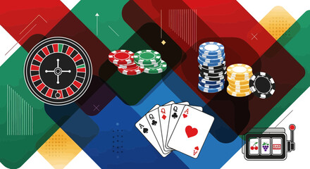 Roulette, Poker, and Slots in a Vibrant Gaming Environment, High Stakes, Digital Art Illustration