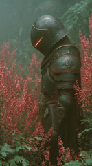 Fototapeta premium A knight in dark, ornate armor stands surrounded by red flowering plants. The knight’s head is bowed slightly. The scene is set in a misty forest setting.