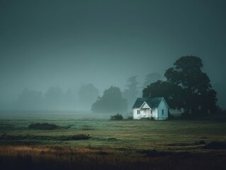 Atmospheric Rural Scenery White House Lush Field Thick Fog Misty Dawn Solitary Tree Overcast Horizon