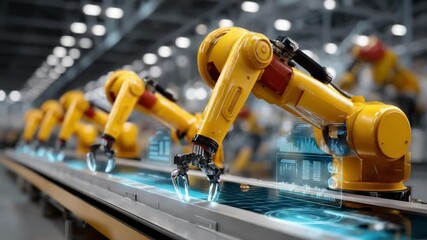 Robotic Assembly Line: A row of advanced robotic arms meticulously works on a production line, highlighting technological precision and automation. - Powered by Adobe