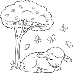 Sleeping Lamb Under a Tree Outline - Peaceful Farm Animal Scene with Butterflies for Coloring Books