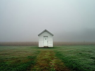 Small White Shed in Misty Agricultural Field, Farm Road Leading to Building, Foggy Morning Landscape, Rural Countryside, Solitary Structure