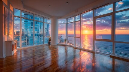 Obraz premium Expansive, empty luxury room with a polished hardwood floor reflecting a stunning panoramic ocean view from its large floor-to-ceiling windows.