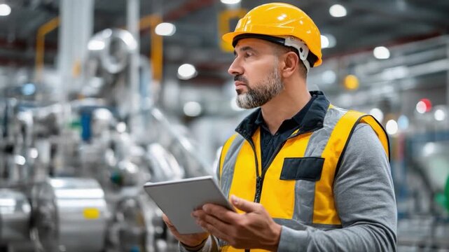 Industrial Insight: A skilled inspector, clad in safety gear, meticulously examines the machinery within a bustling industrial setting.