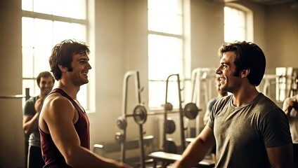 Two Fit Male Athletes Share a Victorious High-Five Celebrating Success in a Sunlit Gym