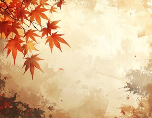 Autumn maple leaves gracefully dancing on a warm washi paper background, elegant Japanese-style illustration with soft colors, perfect for seasonal design, postcards, and greeting cards.
