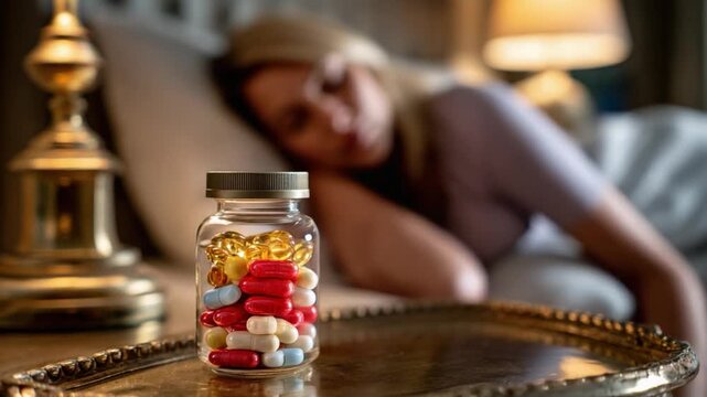 Vitamins and Restful Slumber: A serene scene unfolds, showcasing a bottle of vibrant pills on a bedside table with a person resting in bed, symbolizing health and wellness, restful sleep.