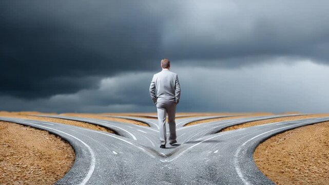The Crossroads of Choice: A solitary figure, poised at a multi-way intersection under a dramatic sky, embodies the pivotal moment of decision-making and the weight of consequential paths.
