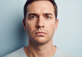 Fototapeta premium Unimpressed man making a reluctant face standing against light blue wall casual outfit expressive headshot