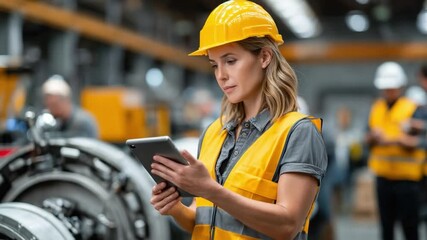 Smart Operations: A skilled female engineer in a safety vest and helmet consults a tablet within an industrial environment, the image underscores precision and intelligent operation.