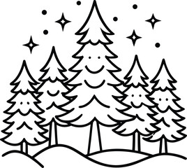 Obraz premium Minimalist black line art of a winter forest with smiling trees stars