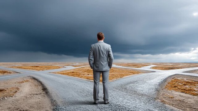 Navigating Paths: A solitary figure, standing at a crossroads amidst a vast, rugged landscape beneath a dramatic sky, contemplates the many directions ahead.
