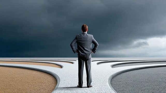 Navigating Uncertainty: A lone figure stands at a crossroads, symbolizing decision-making and choices, the dramatic sky amplifying the sense of introspection and challenge.