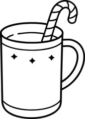 Black line art of a holiday mug with a candy cane inside