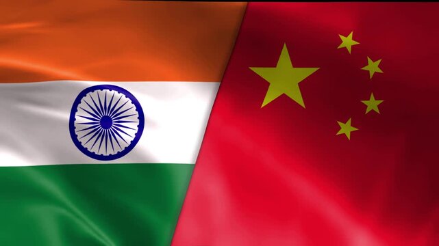 Beautiful video animation of India vs China flags waving in the wind