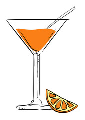 Hand-drawn style image of a martini glass with an orange cocktail and a citrus slice.