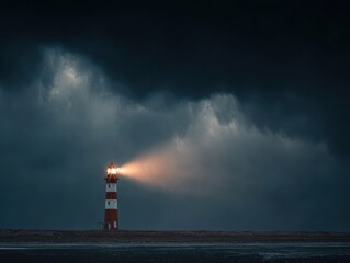 Obraz premium Dramatic Stormy Seascape Lighthouse Scene Beacon Light Cuts Through Dark Overcast Sky Rough Waters Below Guiding Ships Through Tempestuous Weather