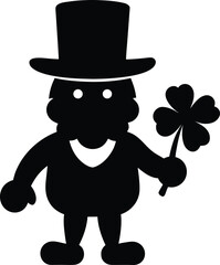 Black silhouette of a leprechaun wearing a hat and holding a shamrock