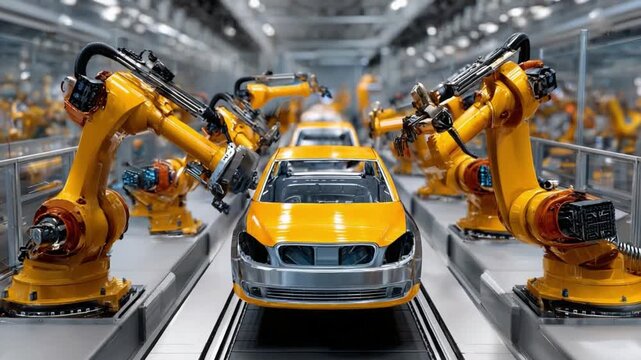 Automated Assembly: A modern car factory showcases an automated assembly line with robotic arms meticulously working on a vehicle, illustrating innovation in manufacturing.