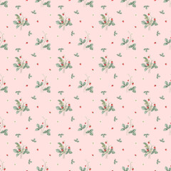 Botanical, kids style seamless pattern with wild strawberry flowers and berries on a white background. Background for children's room decor, wallpaper. Hand drawn illustration woodland strawberries.