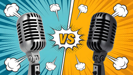 Epic podcast battle with vintage microphones ready for a vocal showdown, bringing energy and excitement to your audio content, engaging listeners instantly