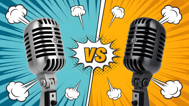 Epic podcast battle with vintage microphones ready for a vocal showdown, bringing energy and excitement to your audio content, engaging listeners instantly - Powered by Adobe