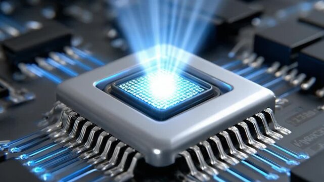 Microchip Innovation: A close-up showcases a modern microchip emitting a bright, futuristic beam, highlighting its integral role in modern technology and innovation.