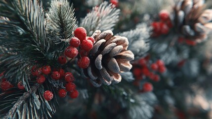 frosted pinecones and red berries on Christmas garland