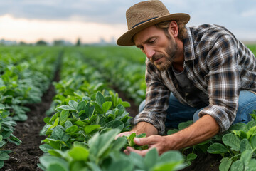 Agronomist carefully inspects healthy soybean crop on a sunny day